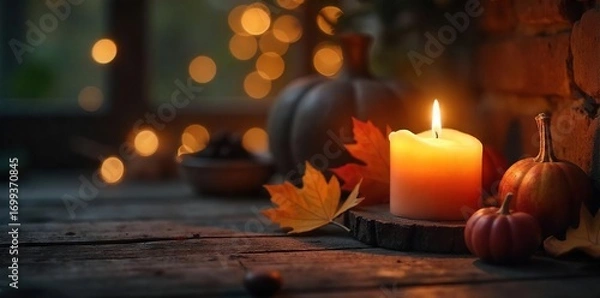 Fototapeta Cozy autumn evening scene featuring a flickering hearth candle casting a warm glow on a rustic wooden surface  Perfect for home decor, hygge, and fall themes ,  texture,  macro,  wood