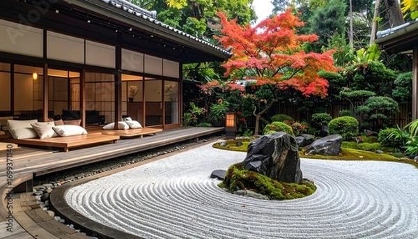 Fototapeta Serene zen garden with raked sand, rocks, and a red maple tree by a traditional building