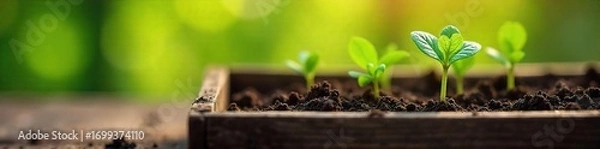 Fototapeta Close-up of vibrant green seedlings sprouting from rich soil in a rustic wooden planter box, sunlight illuminating healthy growth , countryside, green