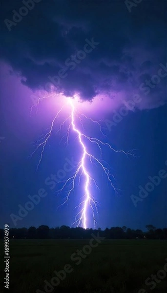 Fototapeta Dramatic shot of a powerful lightning bolt striking during a summer thunderstorm, illuminating the dark sky with intense light and energy , bolt, dramatic