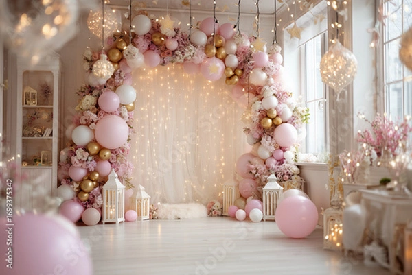 Fototapeta backdrop composition, white background with pink and golden balloon arch garland