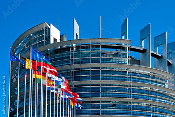 Fototapeta The Louise Weiss Building European Parliament Headquarters Strasburg France Majestic Architecture Symbolizing European Unity and International Diplomacy Under a Clear Blue Sky	