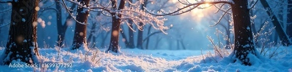 Fototapeta Enchanted winter forest scene with frosted trees, glistening snow, and a whimsical, ethereal glow  Perfect for holiday or fantasy themes ,  sparkling,  dreamlike,  trees