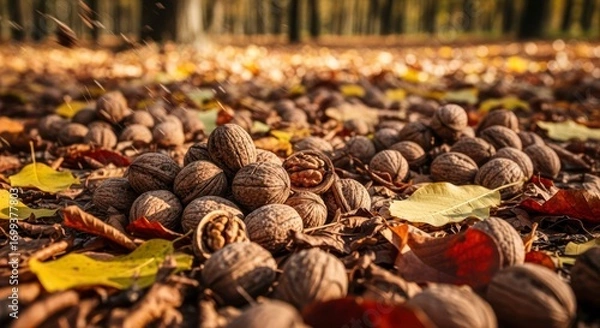 Fototapeta Autumn Walnuts: A Rustic Harvest Scene