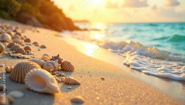 Fototapeta Golden hour sunlight warms smooth, sun-kissed sand Perfect for relaxation and soaking up the summer rays Seashells and gentle waves complete the idyllic scene , relaxation, beautiful