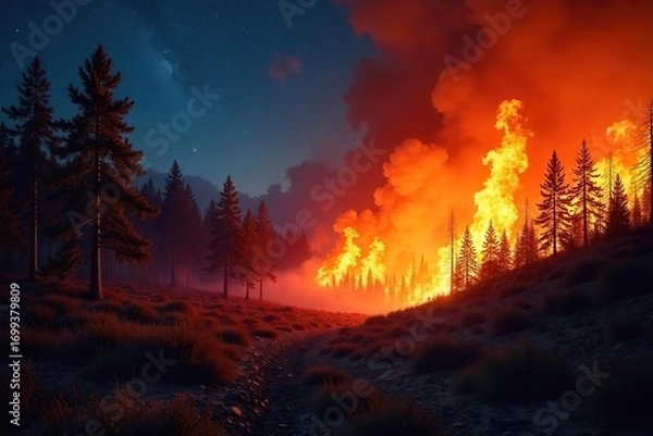 Fototapeta Fierce wildfire raging through a dry forest, consuming trees and underbrush, leaving behind a trail of destruction and smoke The intense flames illuminate the night sky , devastation, environment