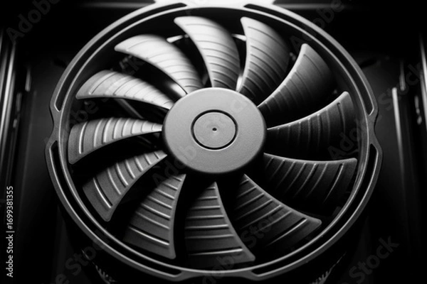Fototapeta Dark CPU fan blades spinning close up black background technology
