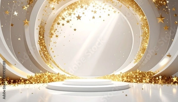 Fototapeta Shiny white stage with golden stars and elegant curved background for product display