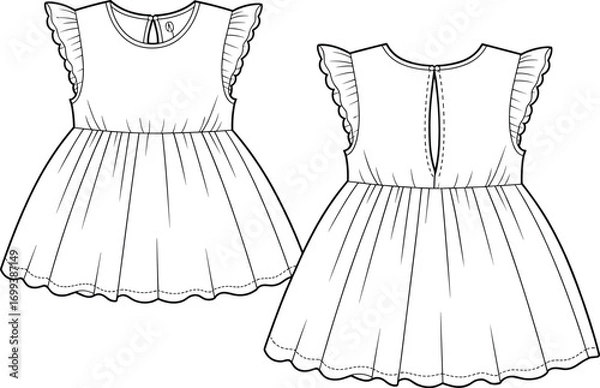 Fototapeta Baby girl dress vector fashion flat sketch with ruffle sleeves and scallop hem, kids clothing design template, front and back view illustration