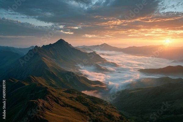 Fototapeta Majestic mountain landscape under golden sunset with clouds and fog in high altitude wilderness
