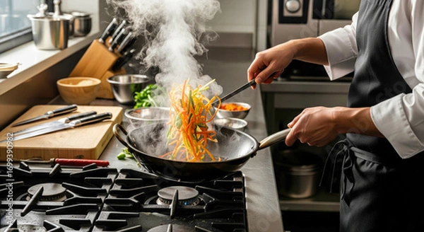 Fototapeta Chef Stir-Frying Colorful Vegetables in a Professional Kitchen
