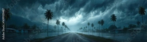 Fototapeta Flooded streets on tropical island after hurricane concept. Moody landscape with palm trees under a stormy sky.