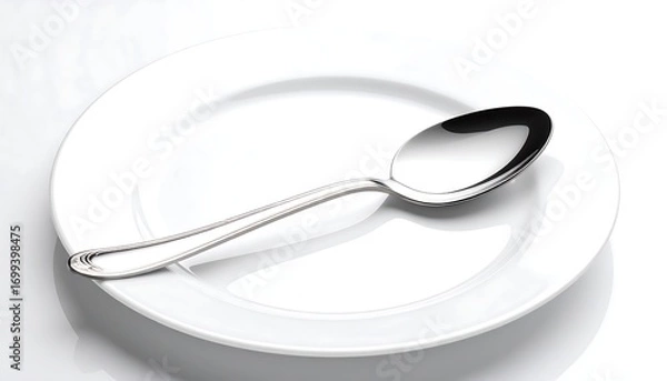 Fototapeta Silver spoon resting on a white ceramic plate against a bright, reflective surface