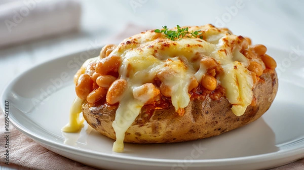 Fototapeta Delicious jacket potato topped with melted cheese and baked beans, styled on a clean white plate, high-quality food photography