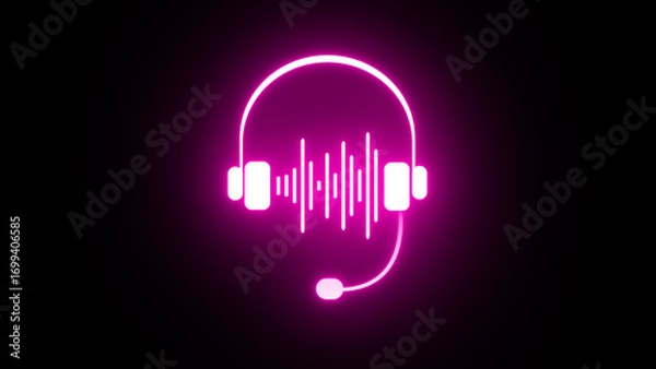 Obraz Glowing audio headphone icon waveform background. Abstract music wave, voice signal frequency and digital voice visualization. Illustration