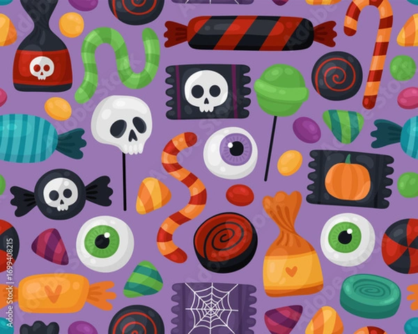 Obraz Seamless pattent for Halloween. Different candies, lollipops, caramel, gummy worms, gummy eyeballs on a purple background. Trick or treat, Halloween treats, many sweets.