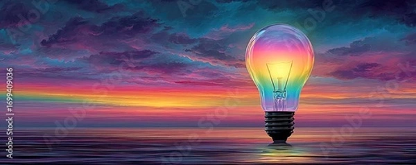 Fototapeta Impactful lightbulb eureka moment concept. A vibrant light bulb glowing against a colorful sunset backdrop.