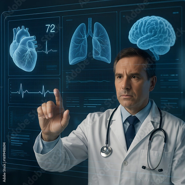 Fototapeta Futuristic doctor using advanced holographic medical technology with interactive digital screens displaying human heart, lungs, brain, and vital signs for modern healthcare, innovation in hospital dia