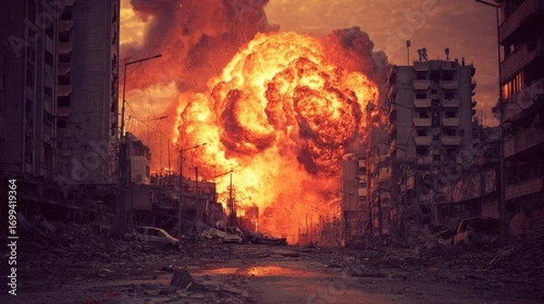 Fototapeta an intense scene of destruction, with a large explosion at the center of a city street. surrounding buildings are severely damaged, and debris is strewn across the area