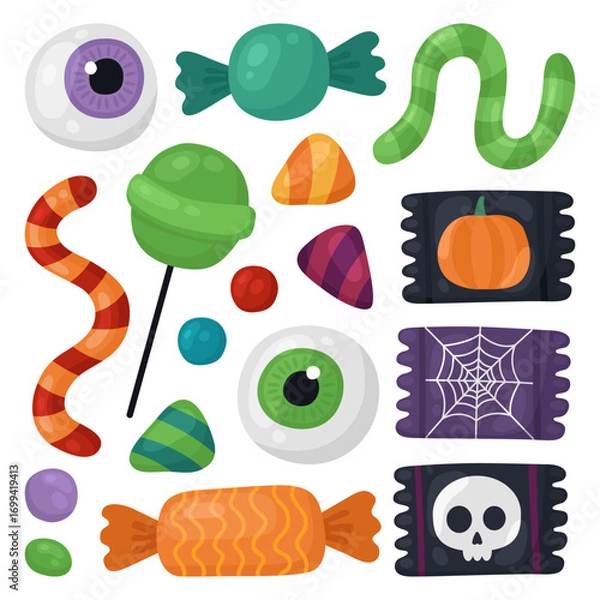 Obraz Collection of Halloween candies. Chocolate candies in a wrapper, lollipops, caramel, gummy worms, gummy eyeballs. Trick or treat, Halloween treats, many different sweets.