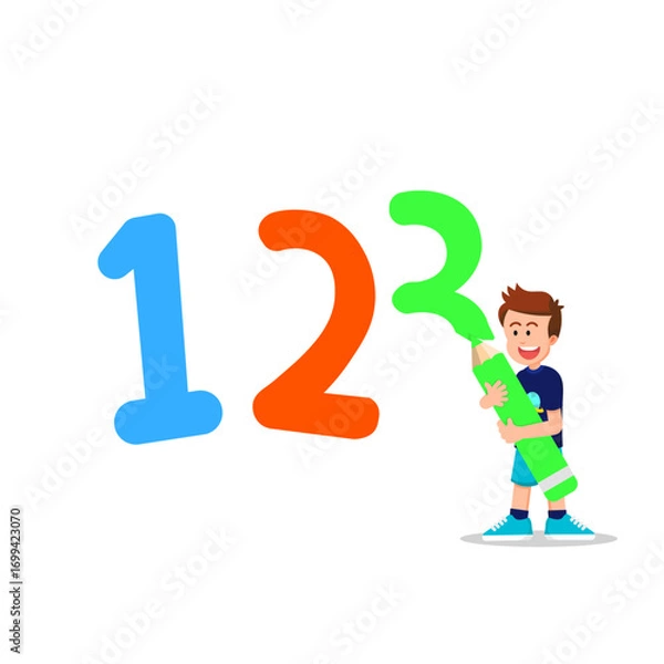 Fototapeta Cute boy writes numbers on a white background using an oversized colored pencil