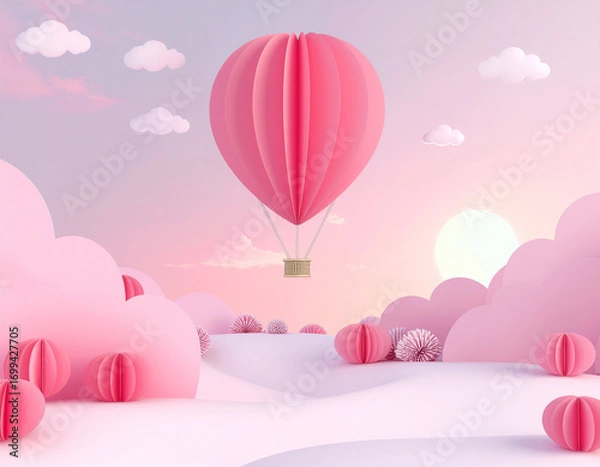 Fototapeta 恋愛やウェディングに使える可愛いパステルピンク熱気球の幻想背景
