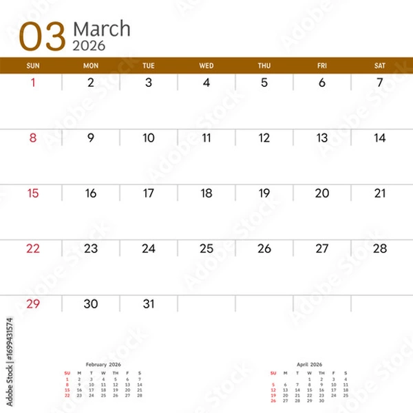 Fototapeta March 2026 Calendar. Week start on Sunday. Desk calendar 2026 design, simple and clean design, Wall calendar for print, digital calendar, Corporate design planner template vector.