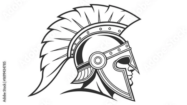 Fototapeta Illustration of a spartan helmet with a plume and detailed line work in black and white design style