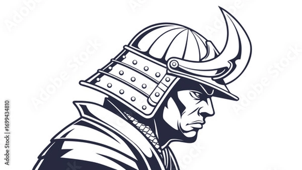 Fototapeta Illustration of a samurai warrior with a horned helmet in black and white profile view, detailed armor
