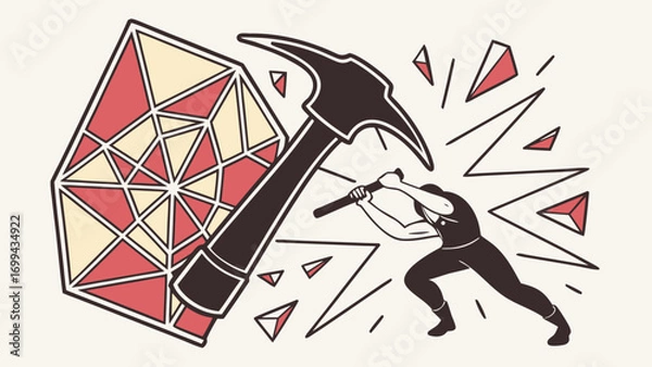 Fototapeta A miner striking a large gem with a pickaxe creating shards and lines of impact in a stylized image