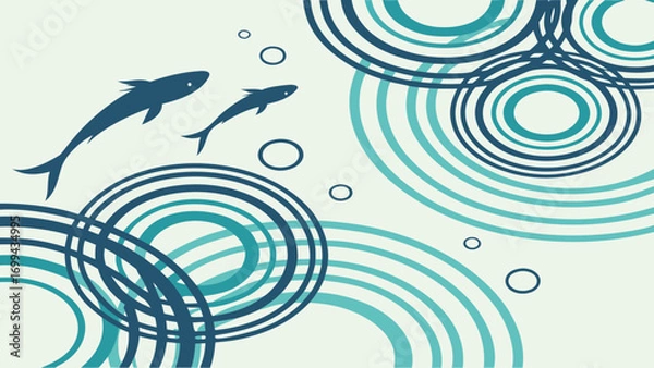 Fototapeta Two fish swimming among concentric circles in shades of blue and teal on a light background design art