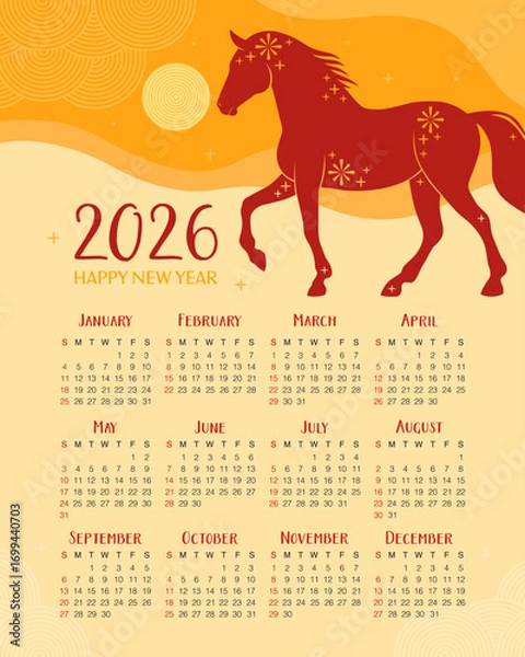 Obraz Calendar 2026. 12 months, starting from Sunday. Paper applique, red horse on a yellow background. New Year of the Horse, Lunar New Year or Chinese New Year.