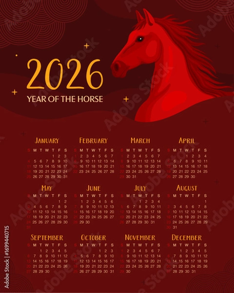 Obraz Calendar 2026. 12 months, starting from Sunday. New Year of the Horse, Lunar New Year or Chinese New Year. Red fiery horse on a dark red background. Horse head.