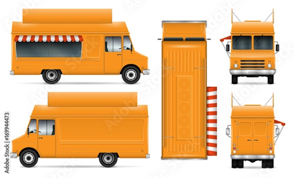Obraz Makieta wektor ciężarówki żywności do brandingu samochodów i reklamy. Mobilny van kuchenny. Element tożsamości korporacyjnej. Wszystkie warstwy i grupy są dobrze zorganizowane dla łatwej edycji. Widok z boku, z przodu, z tyłu, z góry.