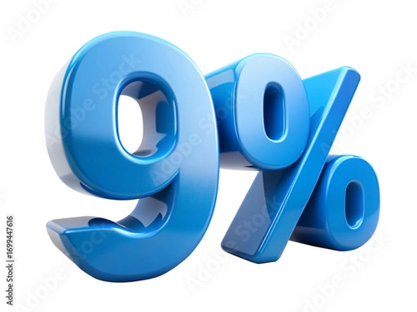 Obraz 3d icon of glossy blue nine percent sign isolated on transparent background for sale concept