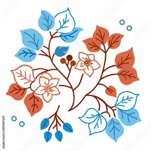 Fototapeta Stylized autumn and winter floral arrangement with berries and leaves in blue and orange