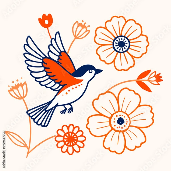 Fototapeta Stylized orange and blue bird in flight surrounded by whimsical flowers on a cream background