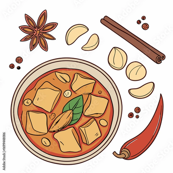 Fototapeta A delicious bowl of tofu curry surrounded by aromatic spices and ingredients