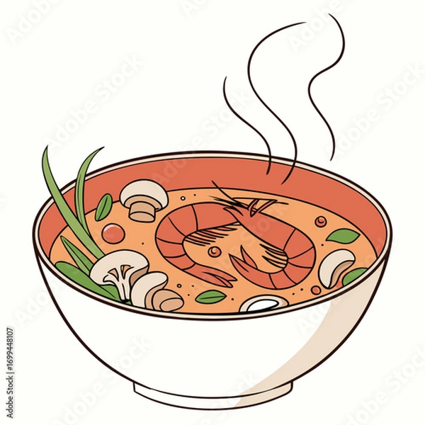 Fototapeta A delicious bowl of steaming hot tom yum soup with shrimp mushrooms and herbs