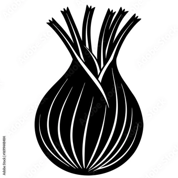 Fototapeta Stylized black and white silhouette of a fresh onion with green stems and layers