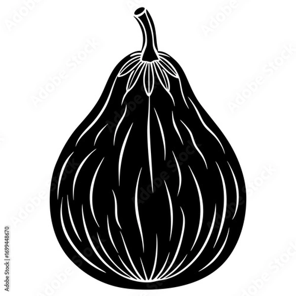 Fototapeta Stylized black silhouette of a ripe fig with a textured skin and stem on a white background