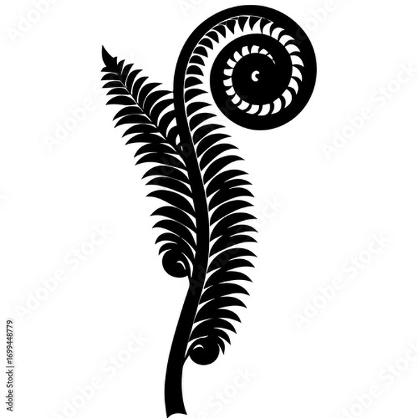 Fototapeta Stylized black silhouette of a fern frond unfurling in a spiral shape