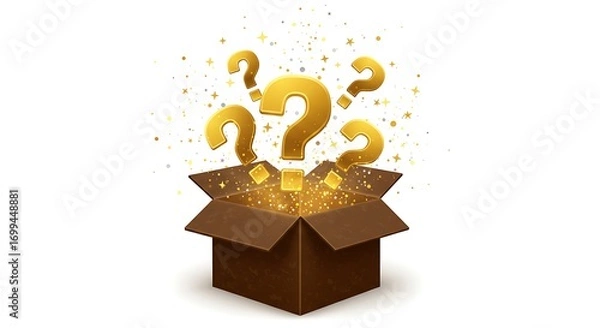 Fototapeta A vector of a mystery box with glowing question marks and sparkles emerging, centered on a plain white background
