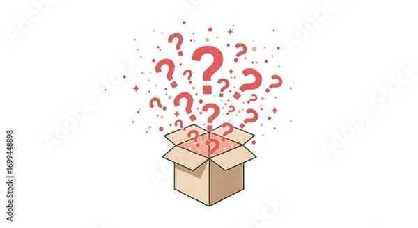 Fototapeta A vector of a mystery box with glowing question marks and sparkles emerging, centered on a plain white background
