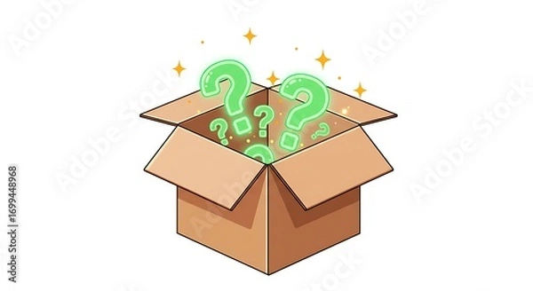 Fototapeta A vector of a mystery box with glowing question marks and sparkles emerging, centered on a plain white background
