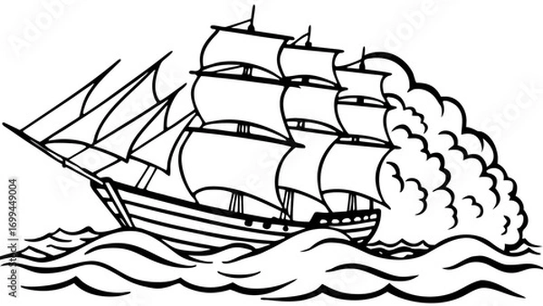 Fototapeta A majestic tall ship sails through rough seas with large waves and spray