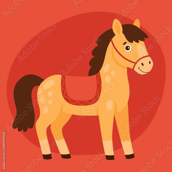 Obraz Yellow horse, pony with red saddle. Cute zodiac horse, new year of the horse. Cute happy animal character on red background.	