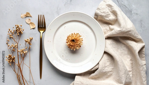 Obraz Minimalist Table Setting with Single Fork and Dried Flower