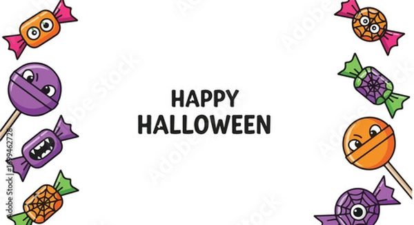 Fototapeta Happy halloween text with cartoon candy border and lollipop on a white background illustration