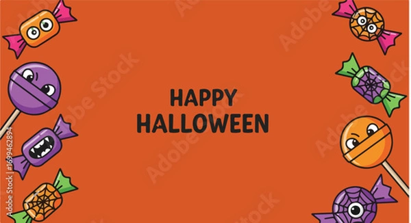 Fototapeta Happy halloween text with cartoon candies and lollipops on an orange colored background illustration